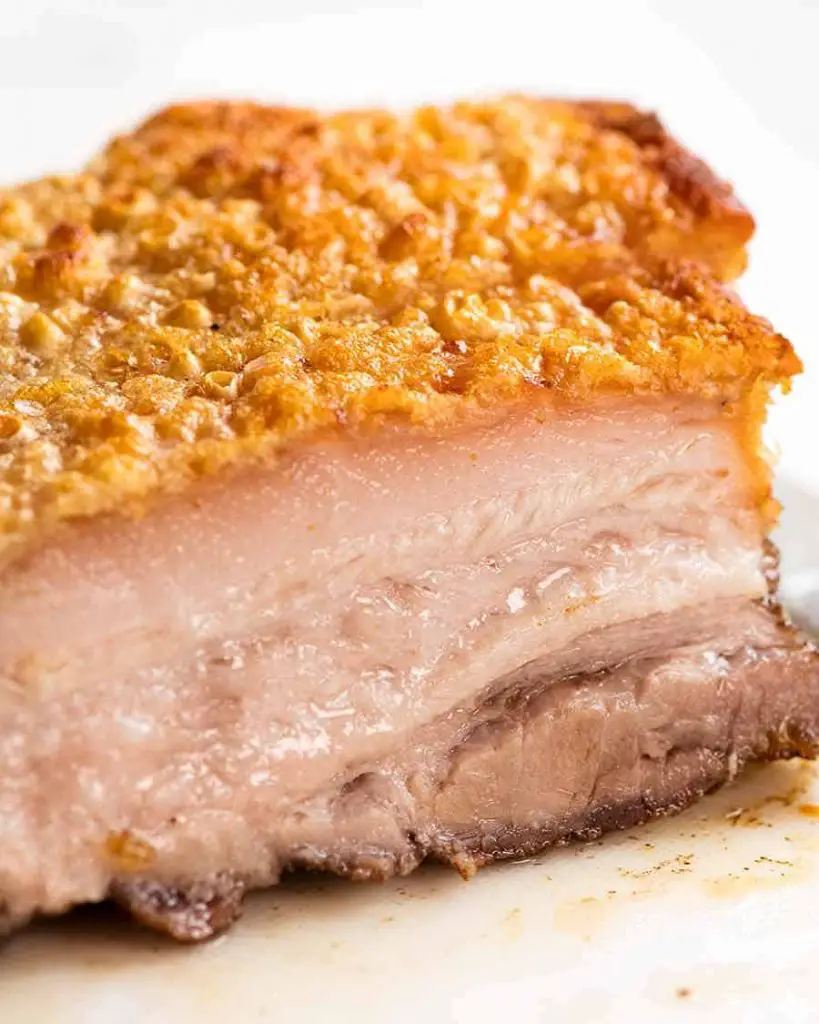 Close up of sliced Chinese Crispy Pork Belly with the best crackling in the world