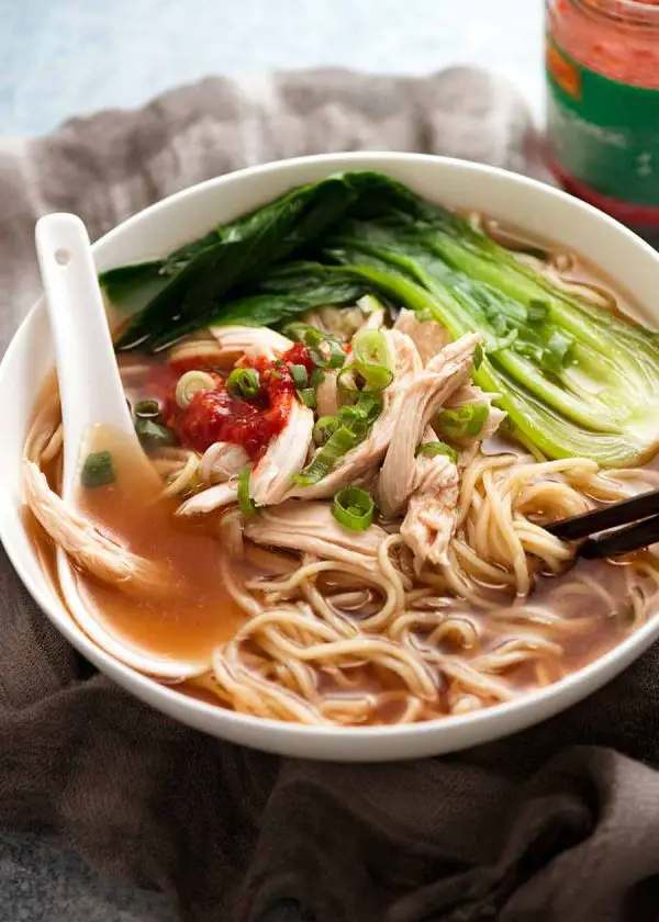 Chinese Noodle Soup in a white bowl, ready to be served