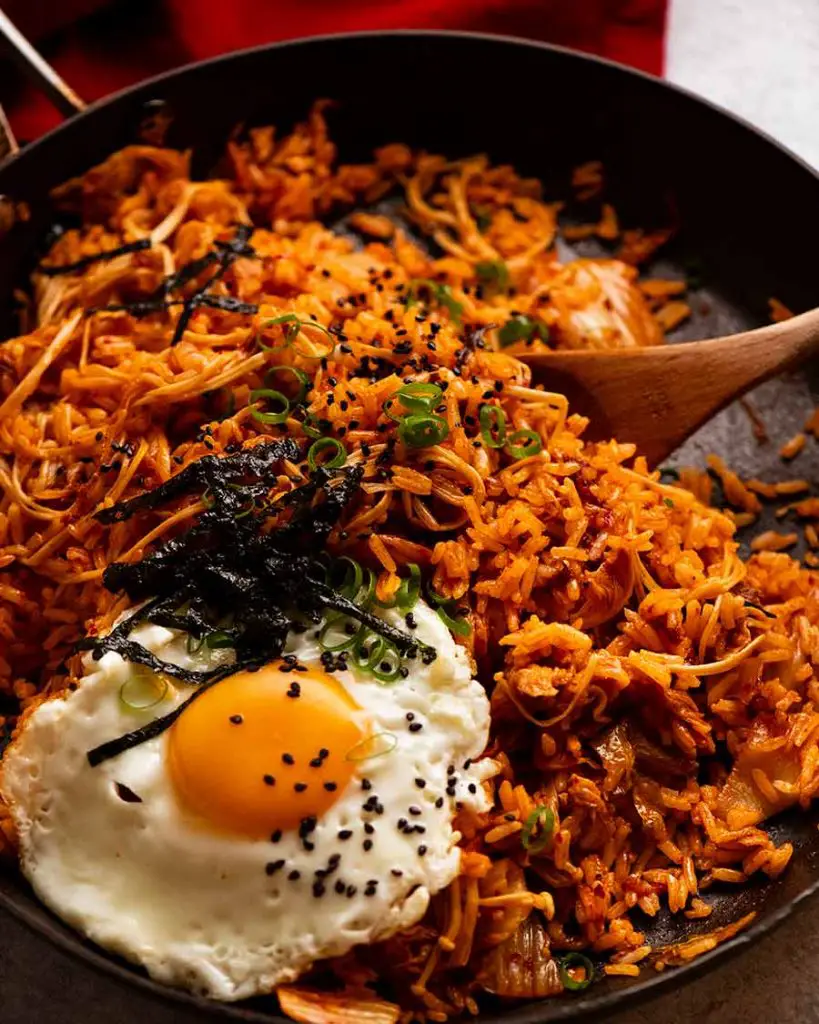 Kimchi Fried Rice in a skillet, freshly cooked