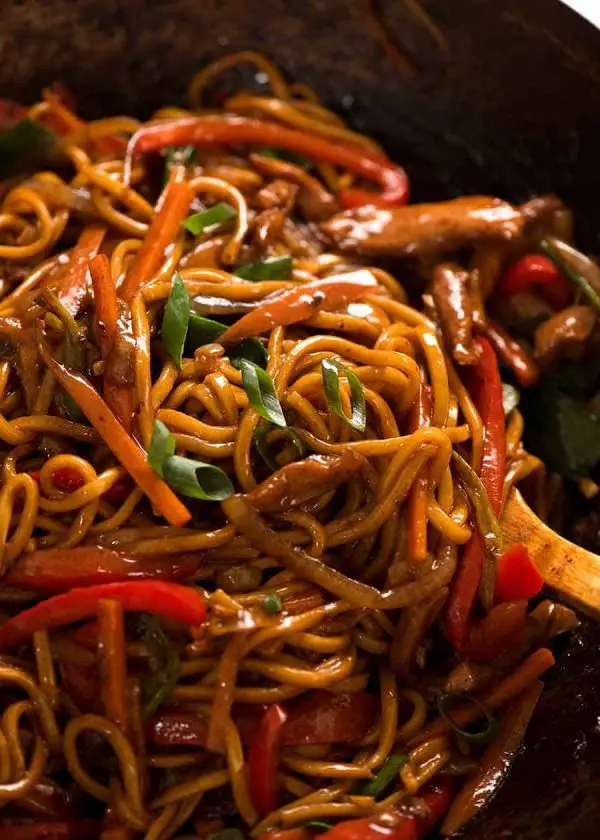 Close up of Lo Mein in a wok, ready to be served