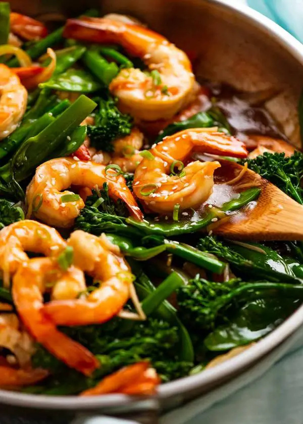 Close up photo of Prawn Stir Fry (Shrimp) in a skillet, fresh off the stove