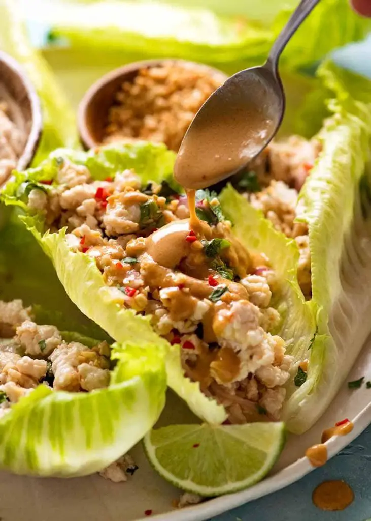 Drizzling Thai Peanut Sauce for Thai Lettuce Wraps